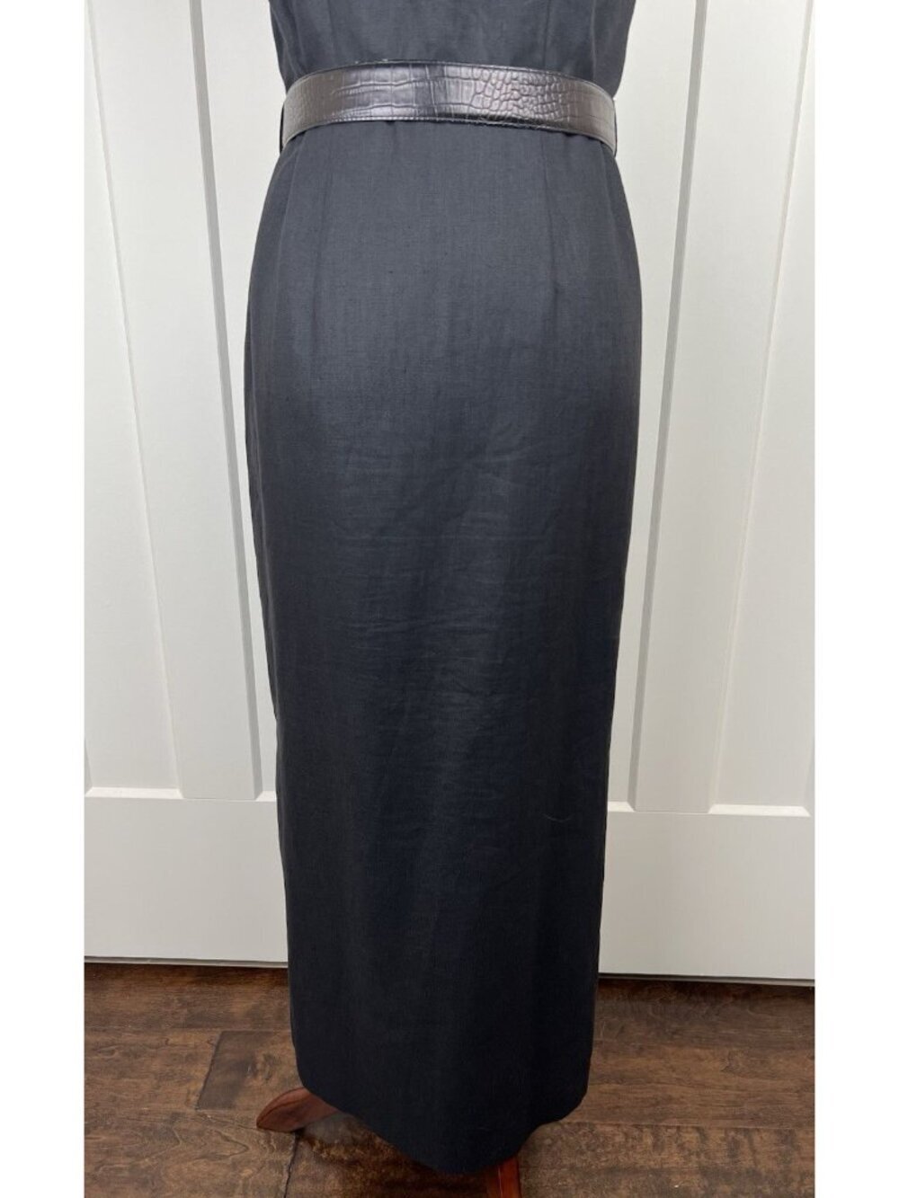 Vintage Harold’s Linen Shirt Dress Black Ivory Stitch Belted Midi Size 6 Sleek - Picture 11 of 16